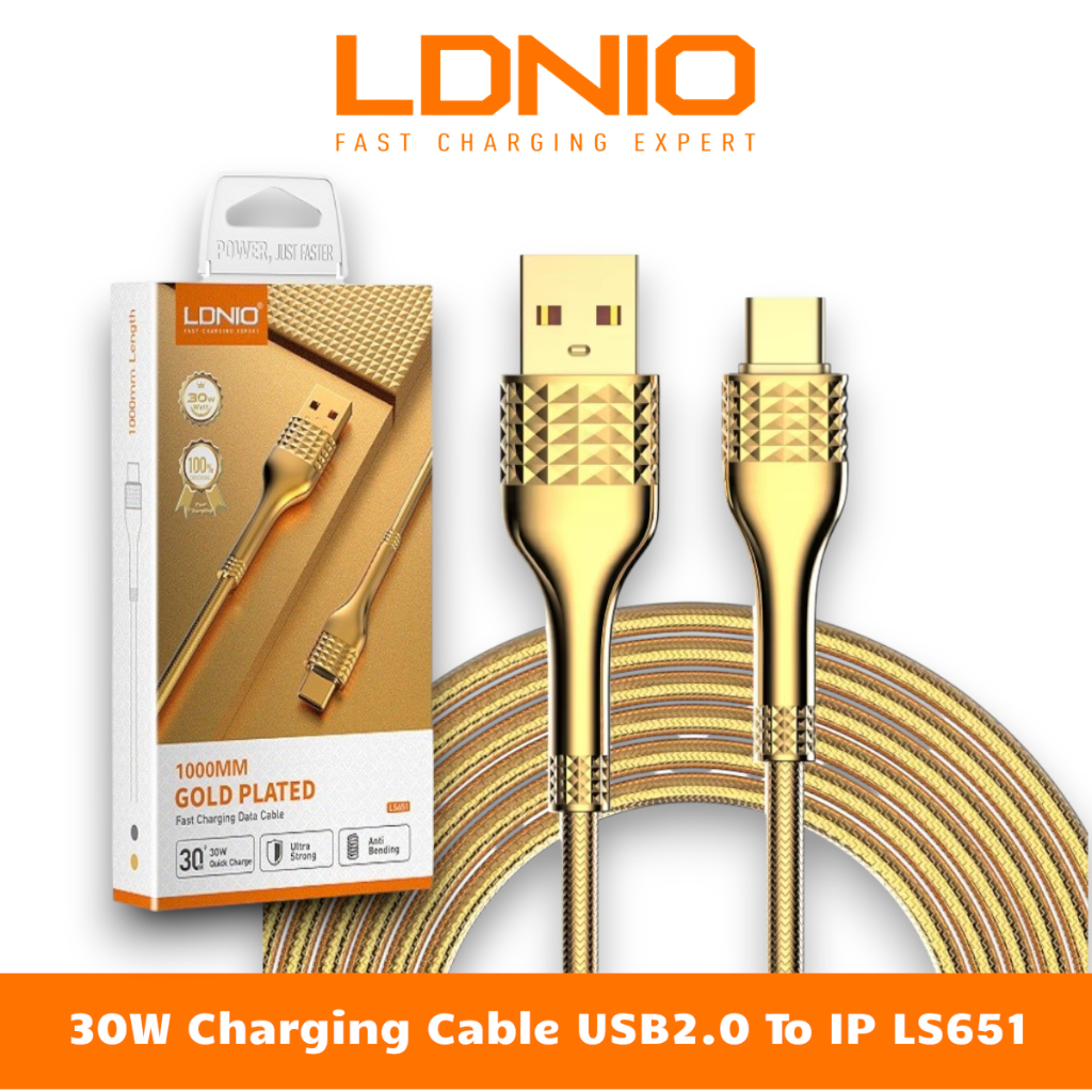 30W USB 2.0 ถึง Type-C/Ai-P สายชาร์จโทรศัพท์ LDNIO LS651