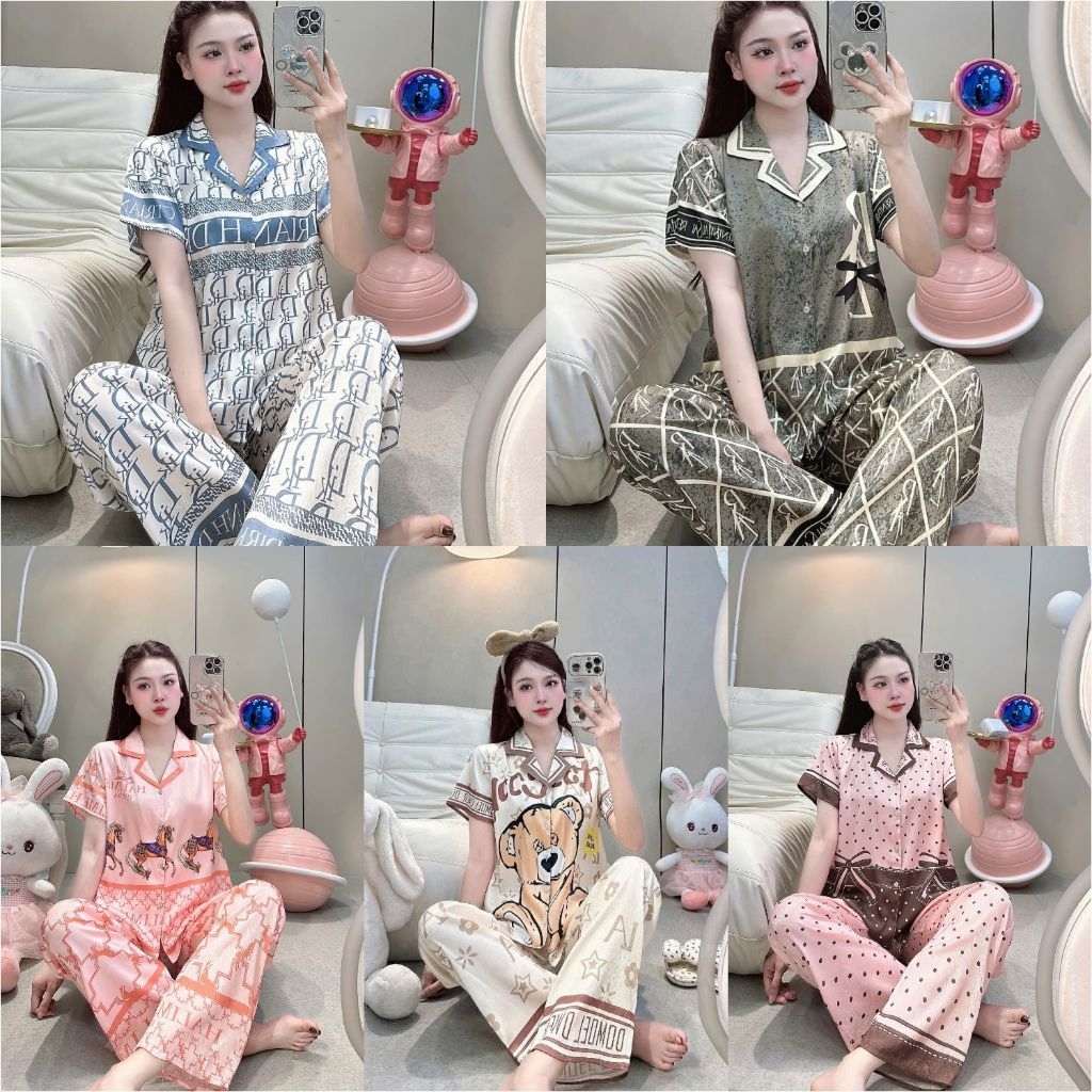 ผู้หญิง PYJAMA SUITS TO WEAR AT HOME, SHORT SLEEVES, METALLIC SCRATCHED SILK LONG PANTS, การออกแบบคุ