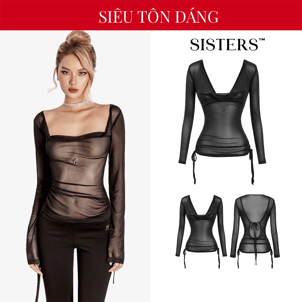 น้องสาว เสื้อตาข่ายแขนยาวซีทรูผู้หญิงคอปกลึกโชว์หน้าอกและเปลือยหลังเซ็กซี่สีดําพร้อมโลโก้สแตนเลส เจ็