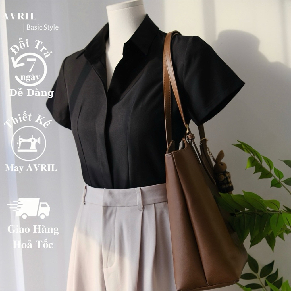 เสื้อเชิ้ตสํานักงานแขนสั้นสีดําสําหรับผู้หญิงทรงเข้ารูปแบบไขว้แบบเกาหลีไร้ริ้วรอย SMCT