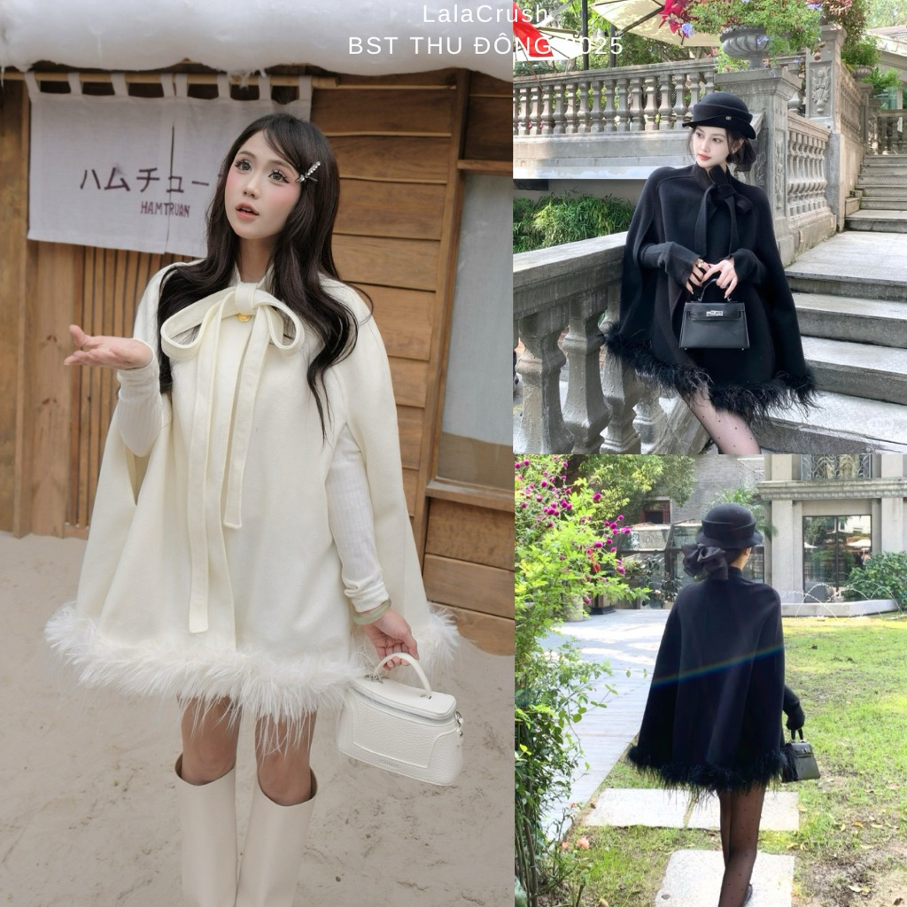 [Joyce Coat] Fur Coat คุณภาพสูง - Feather Cape Coat สําหรับชายามบ่าย, Tet, Christmas lalacrush