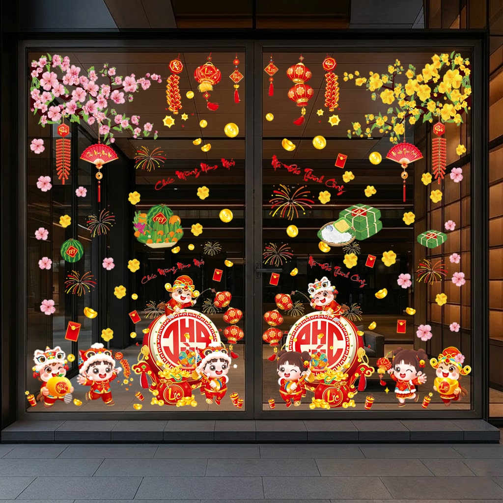 Combo Decal 2026 การสูดดมไฟฟ้าสถิต 3 แผง 60x90 แก้วตกแต่ง Shop Baby Lan Mai Dao Tet