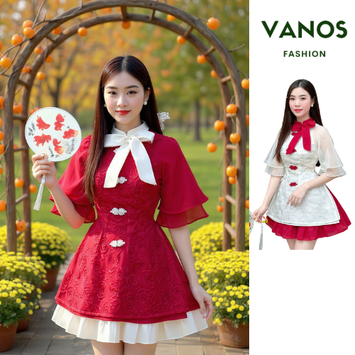VANOS FASHION Set เดรสโบราณสําหรับถ่ายภาพ Tet สีแดงขาว กระโปรงบานมีปกรถไฟ กระดุมหวาย คอปกโบว์ ผ้าไหม