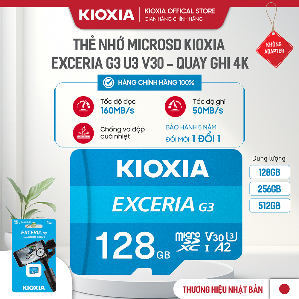 KIOXIA EXCERIA G3 128GB CL10 UHS-I U3 V30 A2 mSD การ์ดหน่วยความจําการบันทึกอ่าน 160 เขียน 50-5 ปี