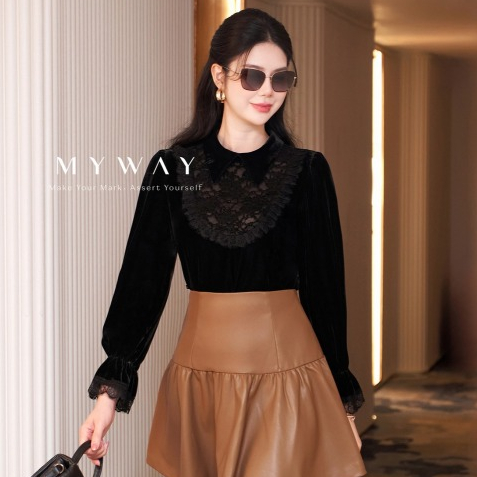 เสื้อยืดคอปกลูกไม้ Grace กํามะหยี่สีดําสําหรับผู้หญิง – MY WAY Luxury High Quality Thermal Retention