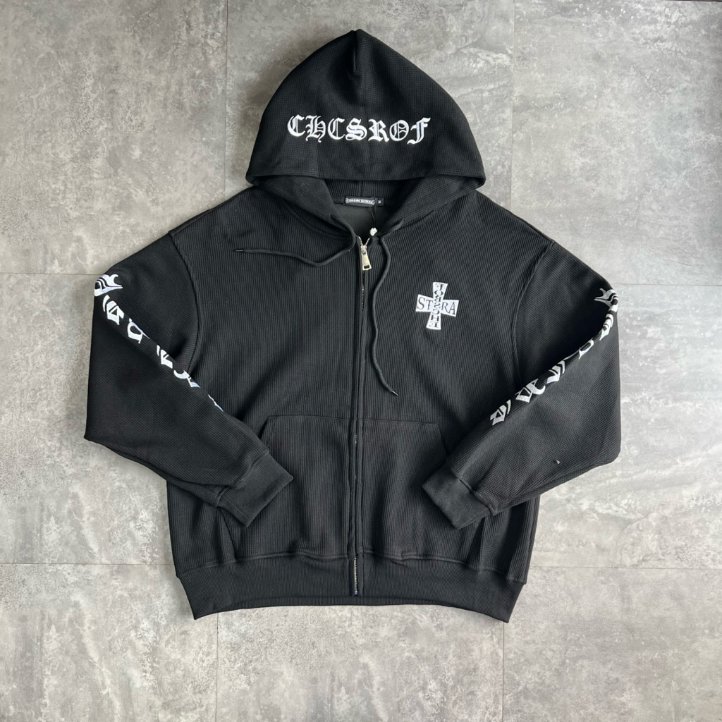 Gothic Street Zip-Up Hoodie B3338 Buivintage ผ้าสักหลาดทอ 2 ชั้น หนาและทนทาน