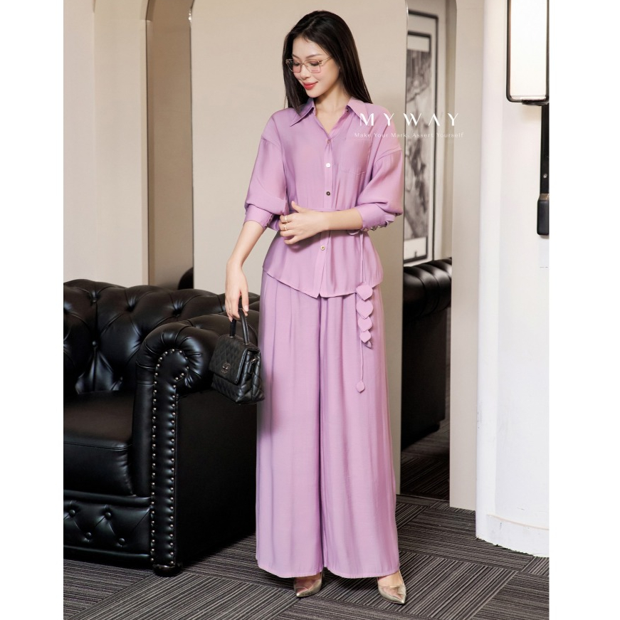 ชุดผ้าไหมสีม่วงลาเวนเดอร์เสื้อแขนยาวพร้อมกางเกงตรง MY WAY มาพร้อมเข็มขัดสุดหรู 2MAB01205T 2MQB0288