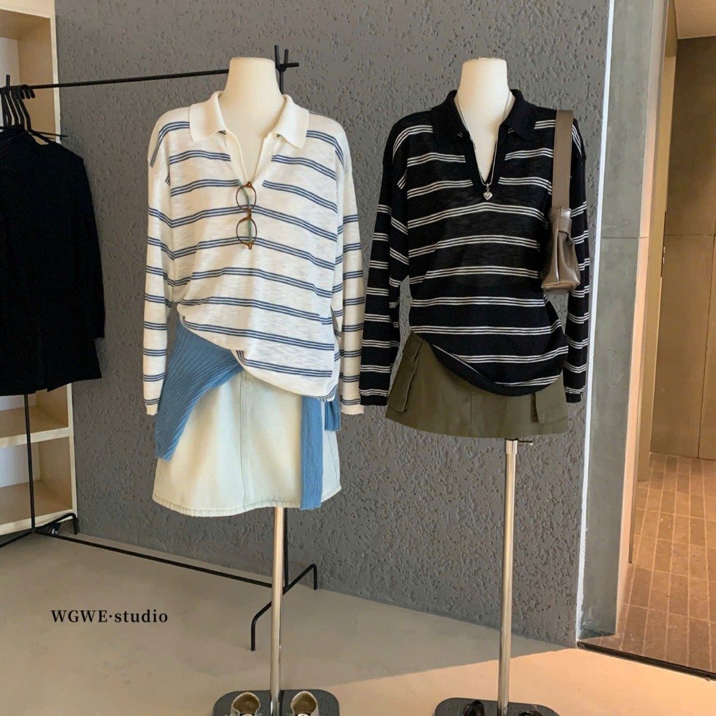WGWE 6855 เสื้อสเวตเตอร์ผ้าคอโปโลลายขวาง