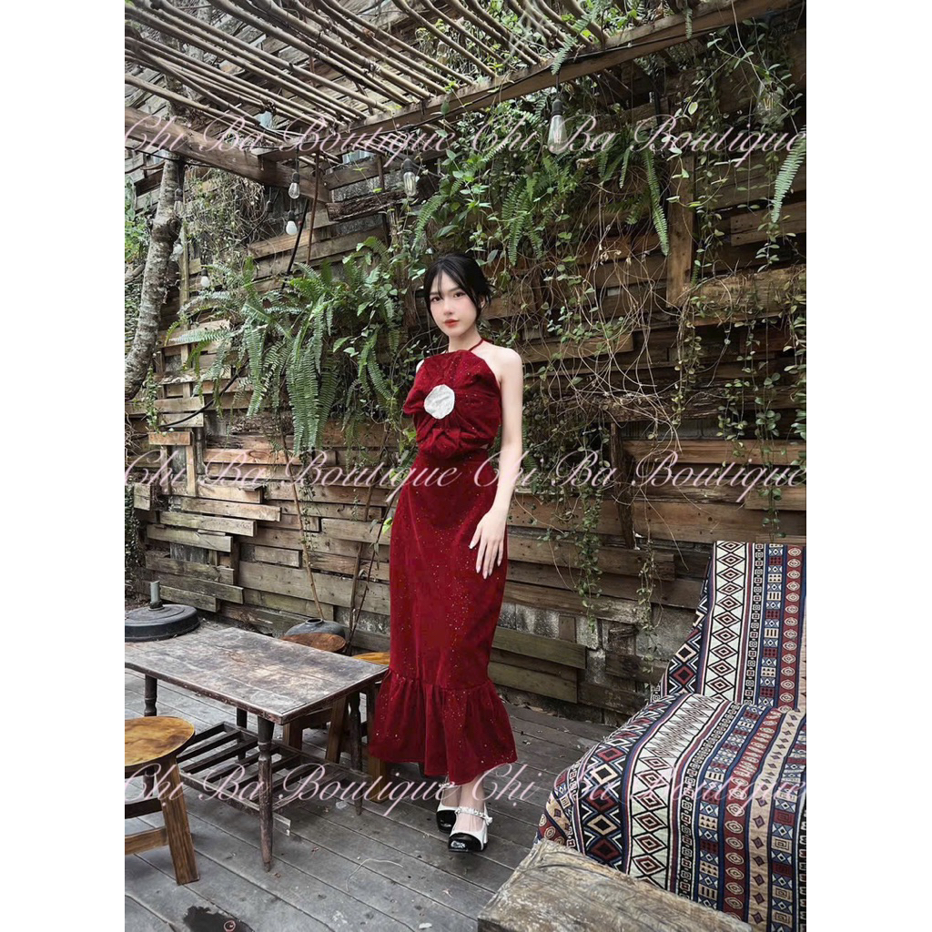 Set กํามะหยี่โบรเคด เสื้อพลีทลายดอกไม้คอปก rhinestone + หางปลา cv