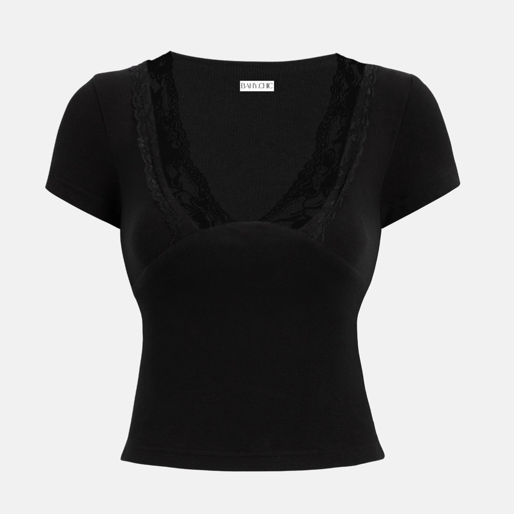 ( LACE V-TOP 002) เสื้อเชิ้ตลูกไม้แขนสั้น ดีไซน์สองชั้นเรียบง่าย | บาจิชิค