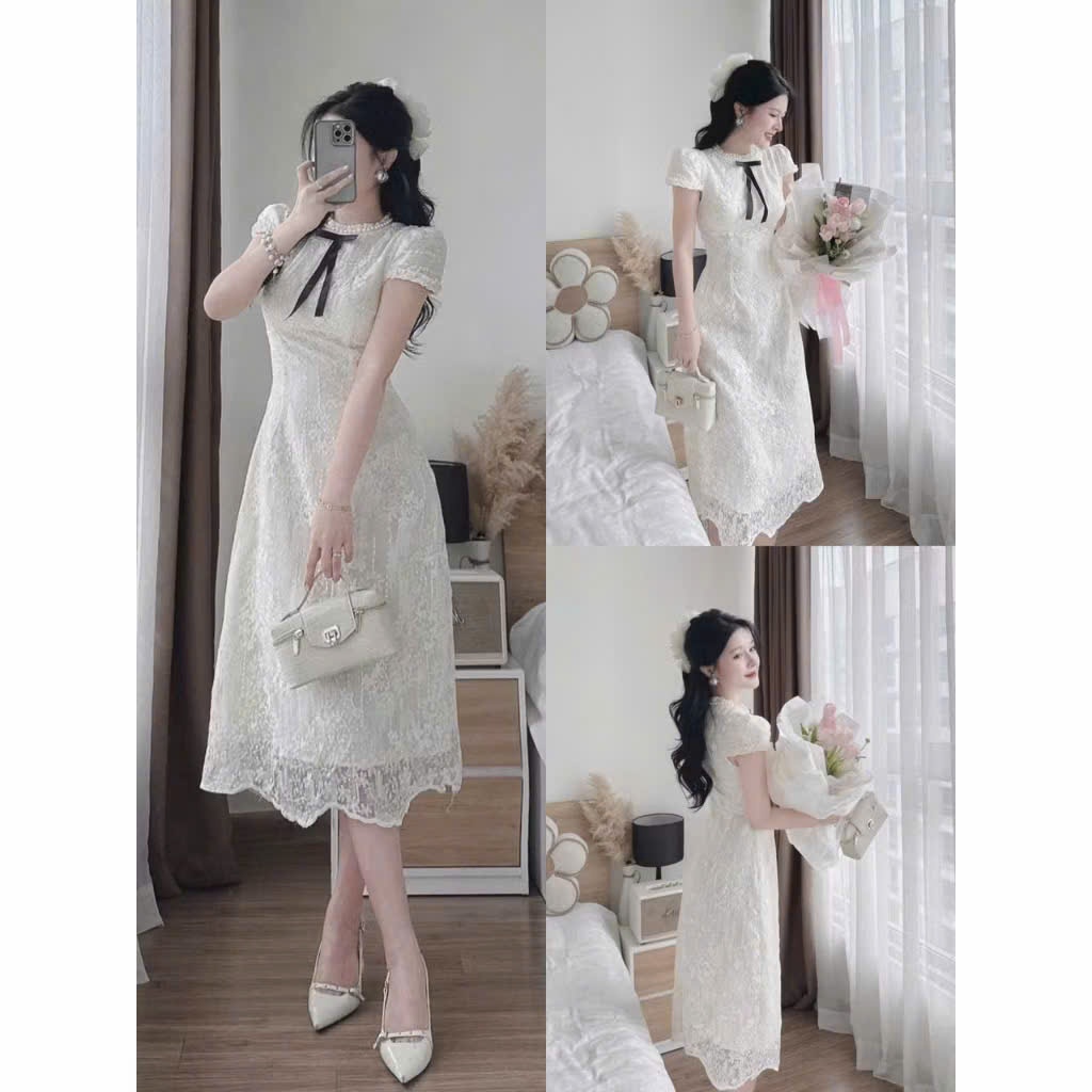 Van Akara Lace Dress Y77 คอกลม แขนสั้น (มีป้ายโบว์ สั้นมีกางเกง) หรูหราเรียบหรู