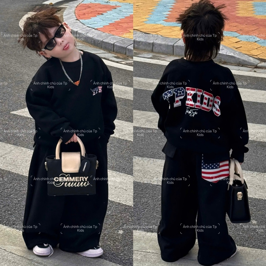 ชุดเสื้อกันหนาวคอกลมบุขนพร้อมกางเกงขาเดฟ2ผิวทรงธง TPKIDS สําหรับเด็ก [M1207](รับไซส์ขึ้น)