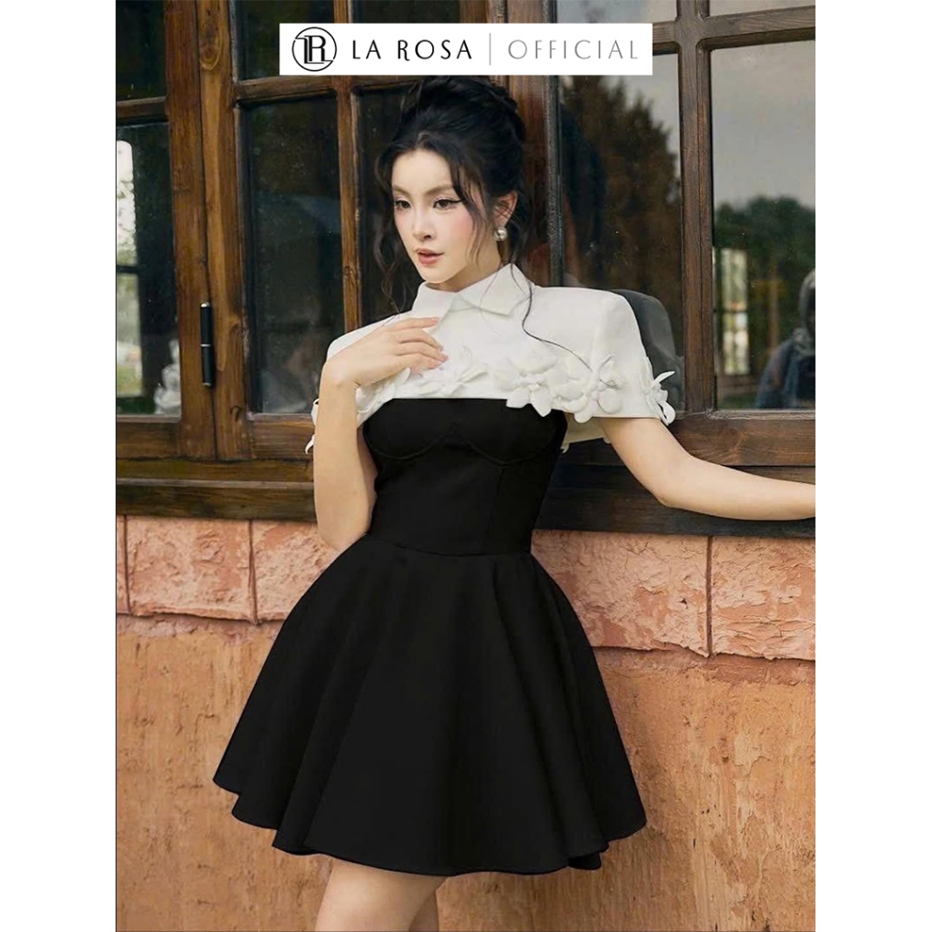 La Rosa Set A-Line กระโปรงสั้นบาน 2 สายพร้อมเสื้อปกดอกไม้ที่โดดเด่นแฟชั่นสํานักงานและปาร์ตี้ S999