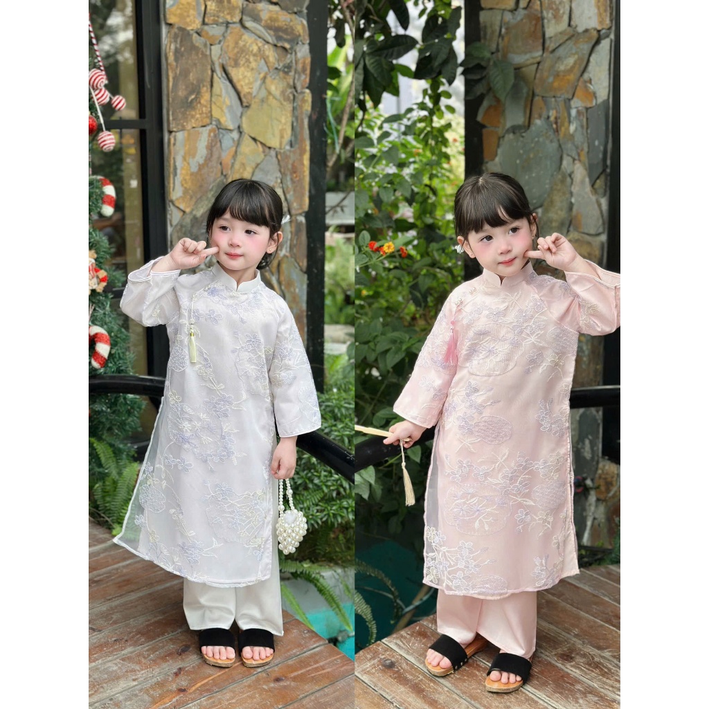 เด็กผู้หญิง ao dai สําหรับ Tet 2026 HUE CHI in 2 สีสวยมาก - Ao dai ออกแบบโดย VI VIET - ผ้าไหมทอดอกไม