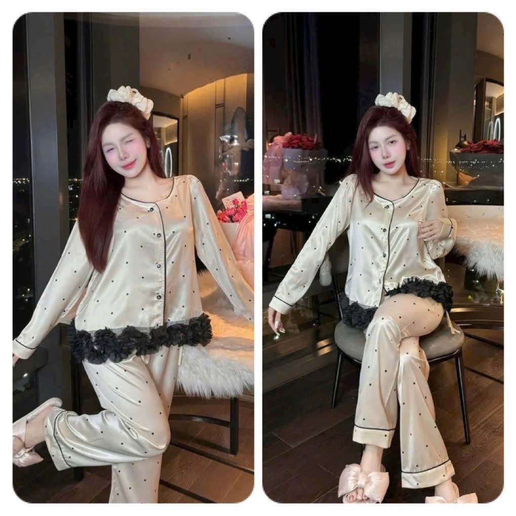 SX239. ชุดนอนผ้าไหมชุดยาวรอบคอ Polka Dot ชีฟอง Ruffles สีดํา Rhinestone ปุ่ม Bow Lady QC คุณภาพสูงปร
