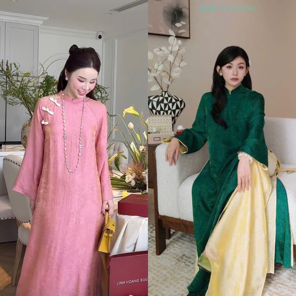 Ha Mien นวัตกรรม ao dai ทําจากผ้าไหมชิมเมอร์ พร้อมแผ่นหลวม 4 แผ่น และโบว์ 3 อัน