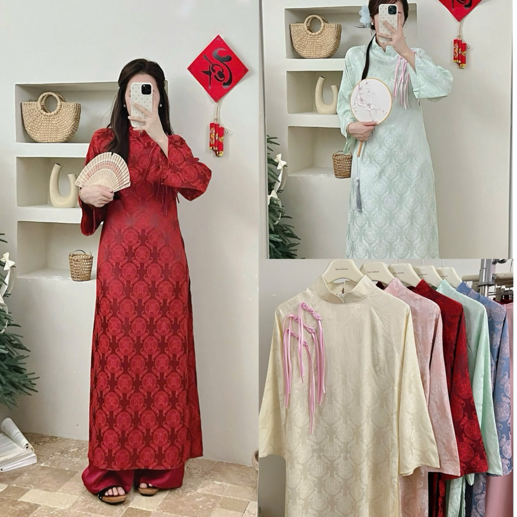 โบรเคดสมัยใหม่ ao dai แขนบานและกระดุม 3 เม็ด พร้อมกางเกงผ้าไหม DU MIEN สําหรับ Tet 2026