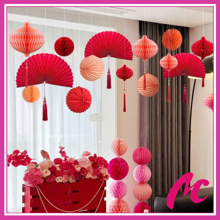 TET 2026_SET 3 พัดลมกระดาษสีแดงและสีชมพูพร้อมพู่หยกสําหรับ TAT DECORTATION_PROCESSING LUCK, WELCOME 