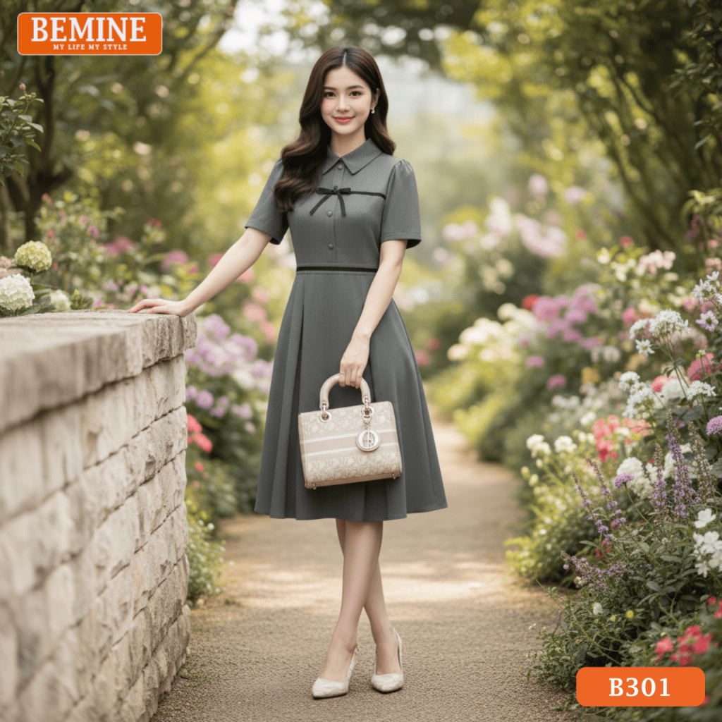 BEMINE ชุดเดรสดีไซน์เยอรมันโบราณ แต่งโบว์ทรงเอ เหมาะสําหรับทํางาน-B301