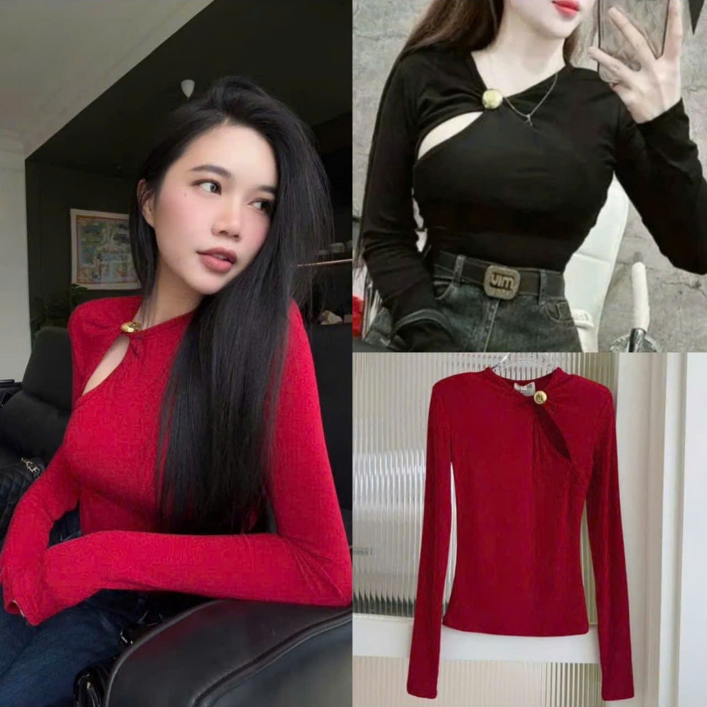 เสื้อยืดคอปกซิปกระดุมทองแดงปิดไหล่ดีไซน์เก๋สําหรับสุภาพสตรี ADT094
