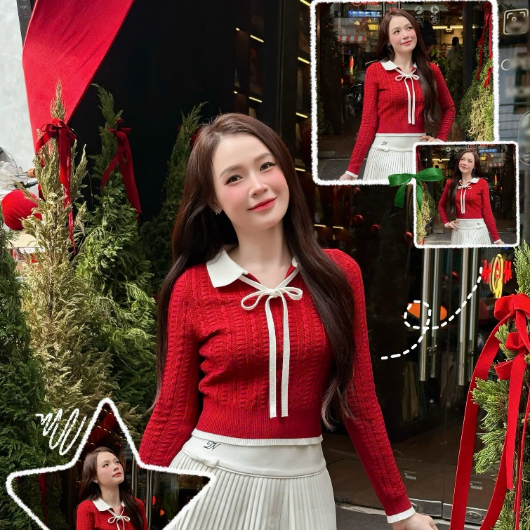 TINGOAN X KOL - เสื้อสเวตเตอร์จับจีบคอปกผูกโบว์ HELLEN TOP