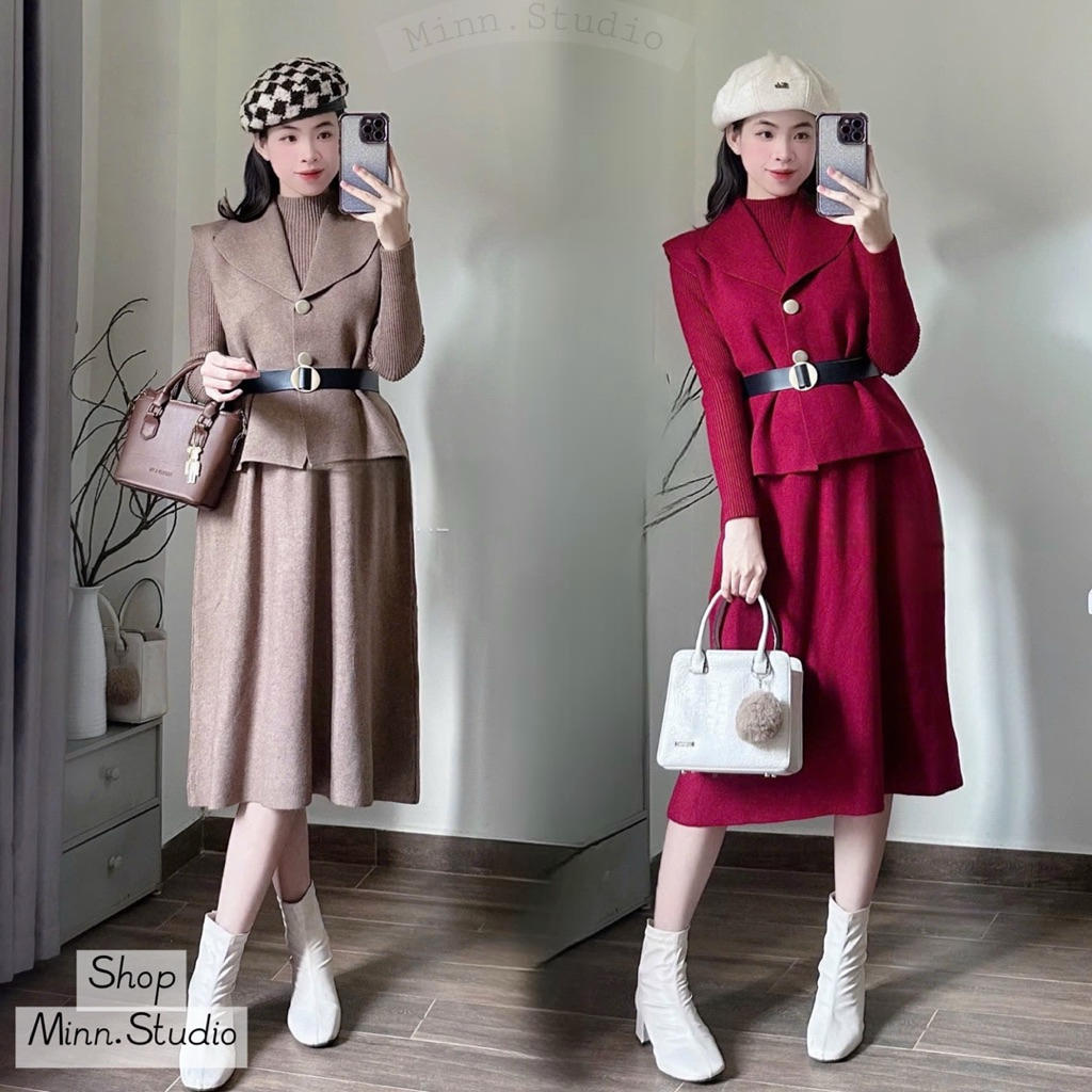 [Minn.Studio] ชุดเดรสออฟฟิศพร้อมเข็มขัด ผ้าขนสัตว์กระต่ายหนา Item L1 - ผ้าวูลหนักหนา (QC Goods)