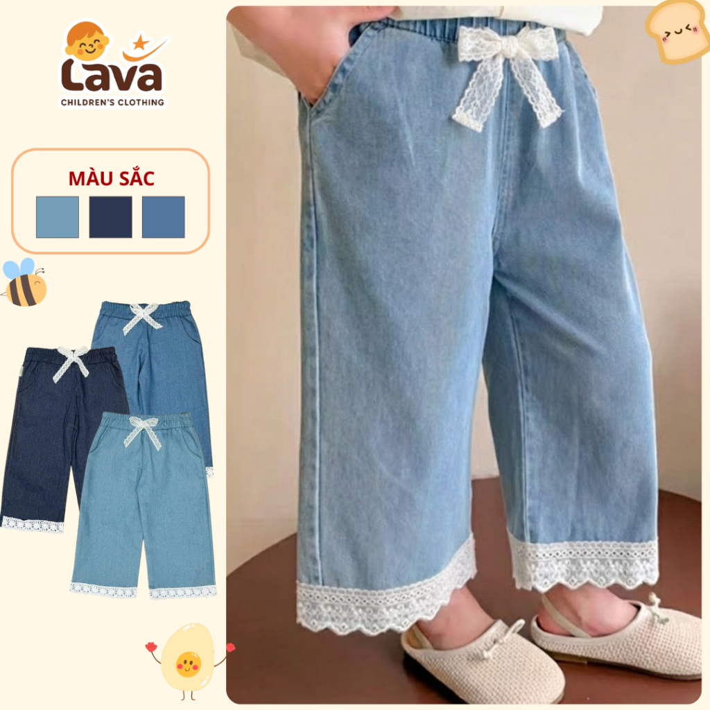 LAVA KIDS Q005 กางเกงยีนส์ขากว้างสําหรับเด็กผู้หญิงกับชายลูกไม้