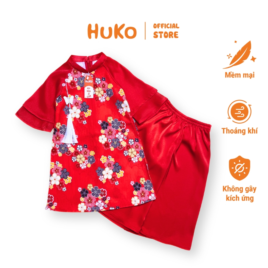 นวัตกรรม Ao Dai สําหรับสาว HUKO ดอกแอปริคอทสีแดงพร้อมแผงมุกอายุต่ํากว่า 12 ปีกางเกงผ้าไหมมุก, สวมใส่