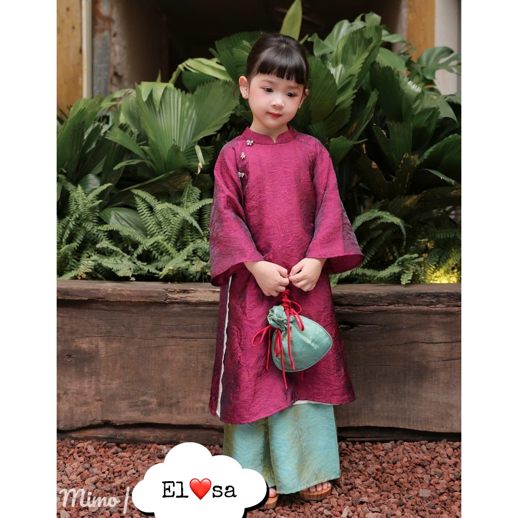 นวัตกรรมของเด็กผู้หญิง Ao Dai - ผ้าลายเมทัลลิกสีม่วงสวยสุด ao dai (1 LAYER) สําหรับเด็กอายุ 1-6 ปี