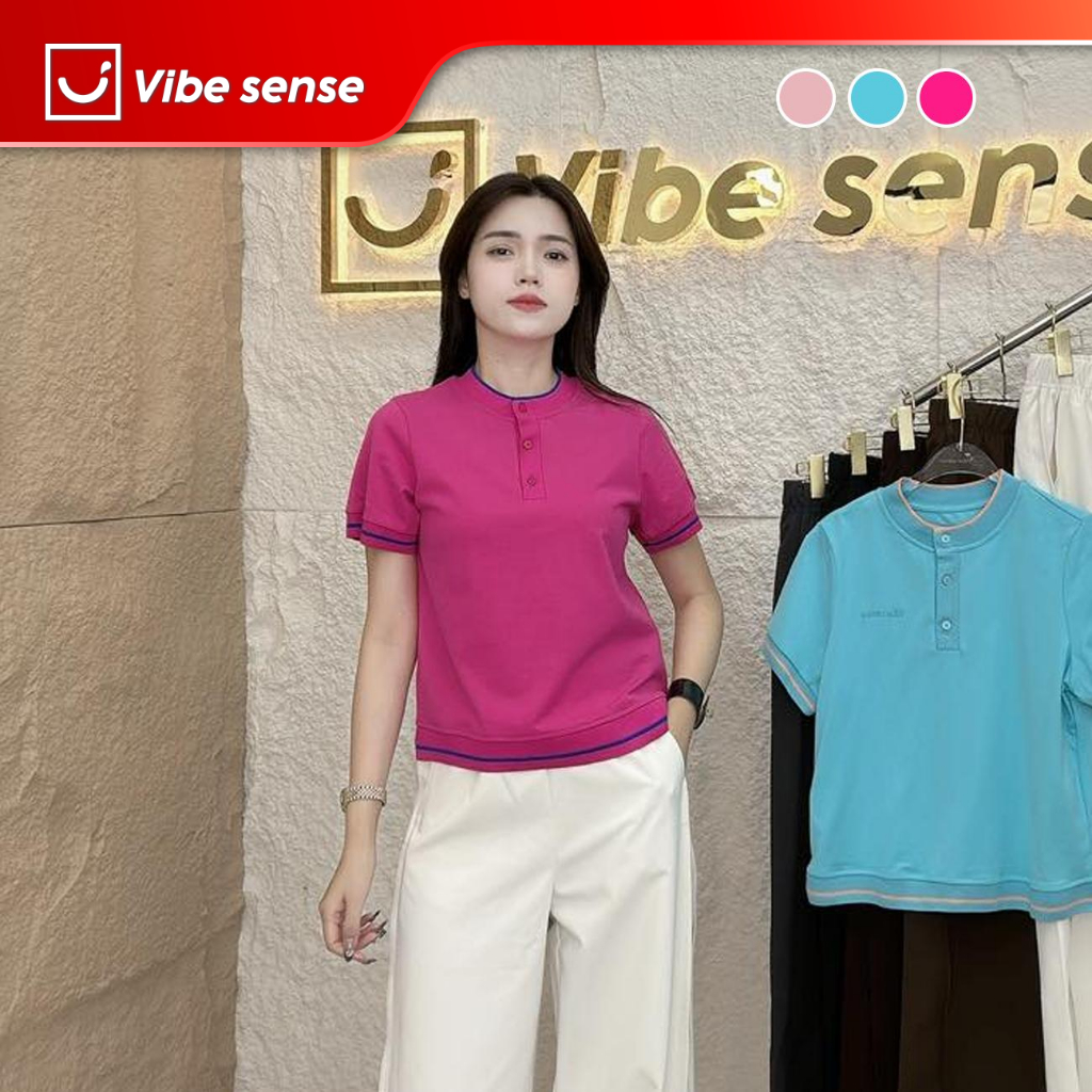 เสื้อยืดผู้หญิง VBA012 VIBE - เสื้อเชิ้ตแขนสั้นคอปก 3 ปุ่ม และแถบสีทันสมัย