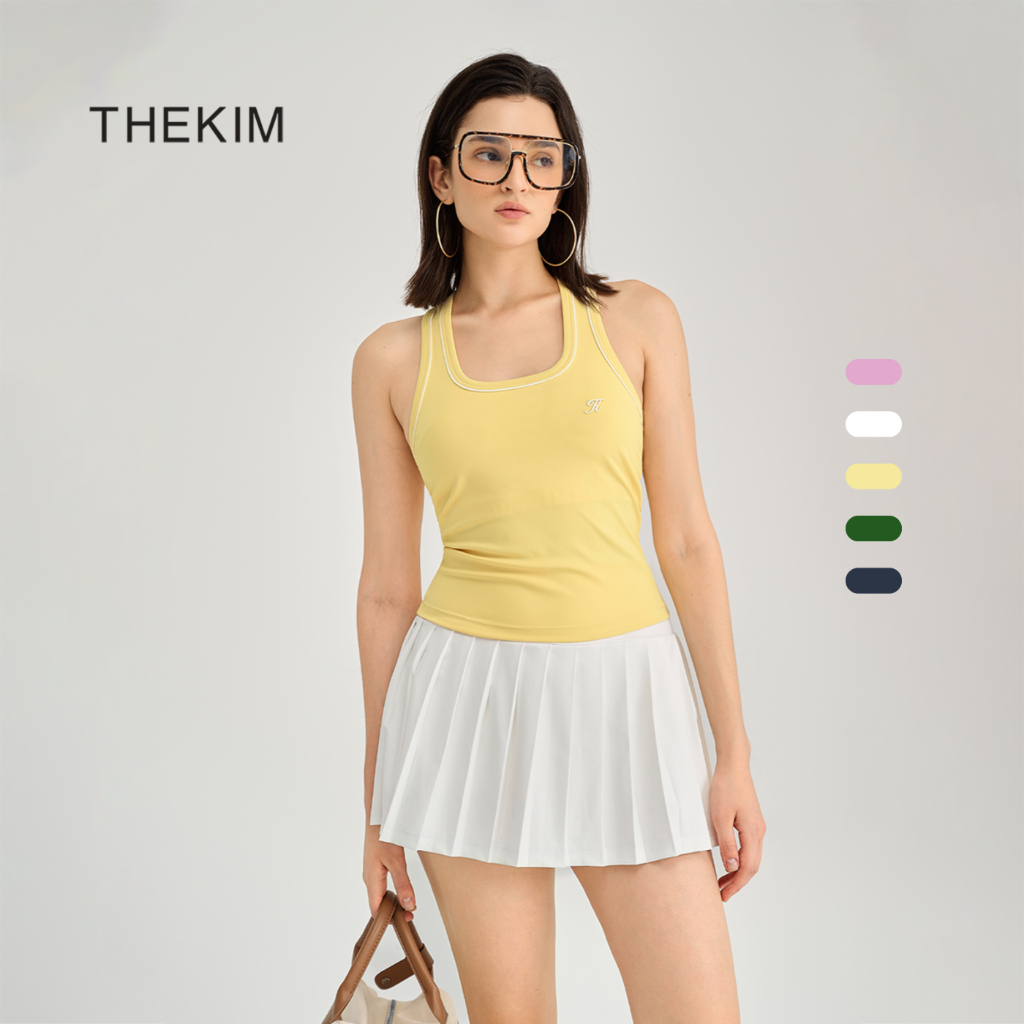 THEKIM กระโปรงพลีทกีฬาเอวสูง (พร้อมกางเกงป้องกัน) กระโปรงสั้น Pickleball และเทนนิสพิมพ์ลายโลโก้ที่เอว S378