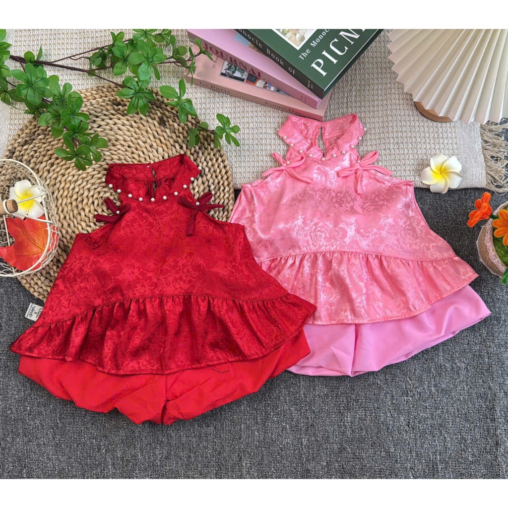 เสื้อผ้าคอปกโบรเคดพร้อมโบว์ 2 ชิ้น SIZE 6KG ถึง 20KG