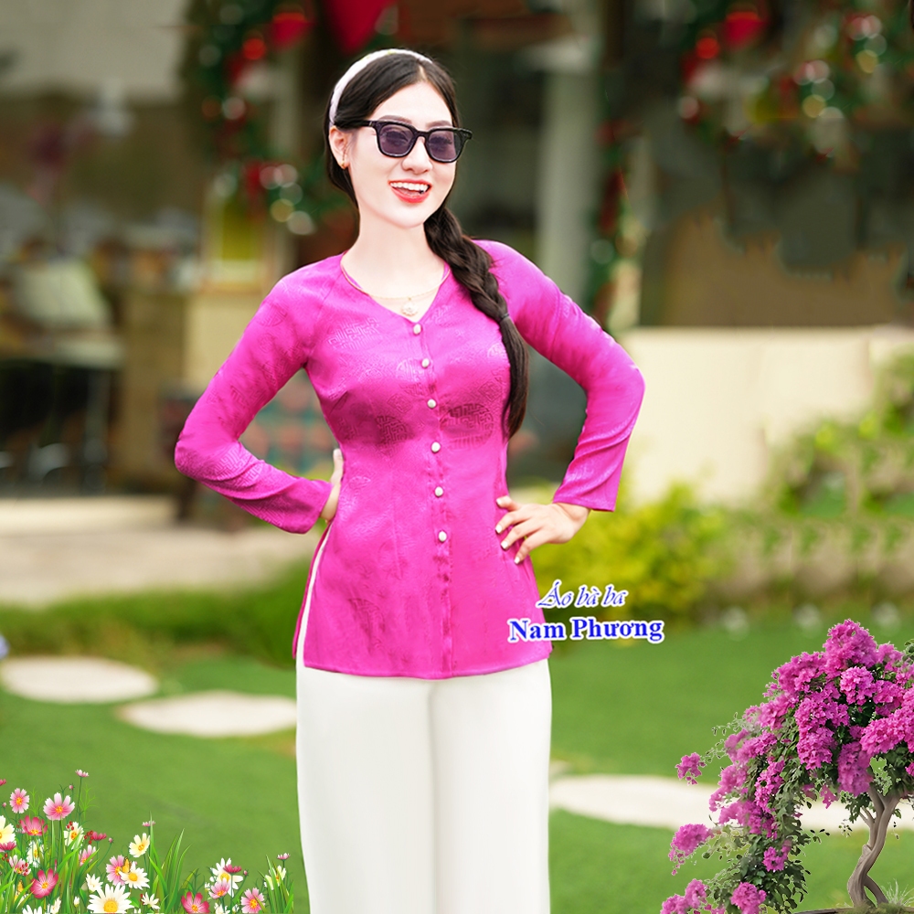 เสื้อโบรเคดผ้าไหมสีชมพูบัวผู้หญิง เสื้อคอเต่า - น้ําภูง รหัสสินค้า: GNP182T