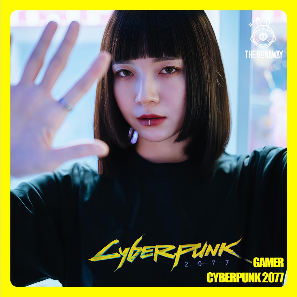 Gamer 40: Cyberpunk 2077 โดยเสื้อยืด The Runaway, Unisex Cotton 100% ดาวน์สําหรับผู้ชายและผู้หญิง