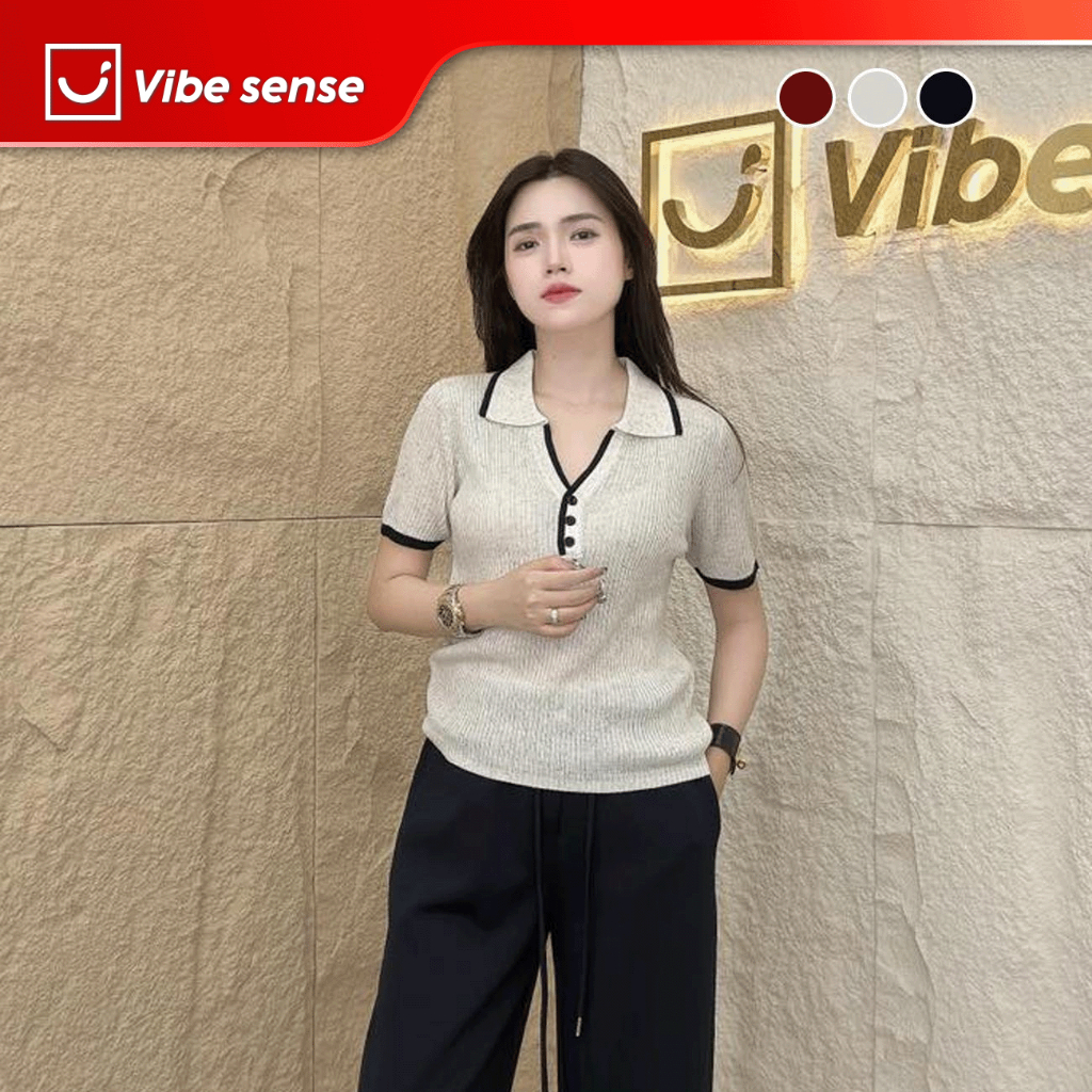 เสื้อไหมพรมแขนสั้น montoghi เสื้อ VBA023 - เสื้อสเวตเตอร์บางคอปกนุ่มสวยใส่ทํางานหรือออกงาน