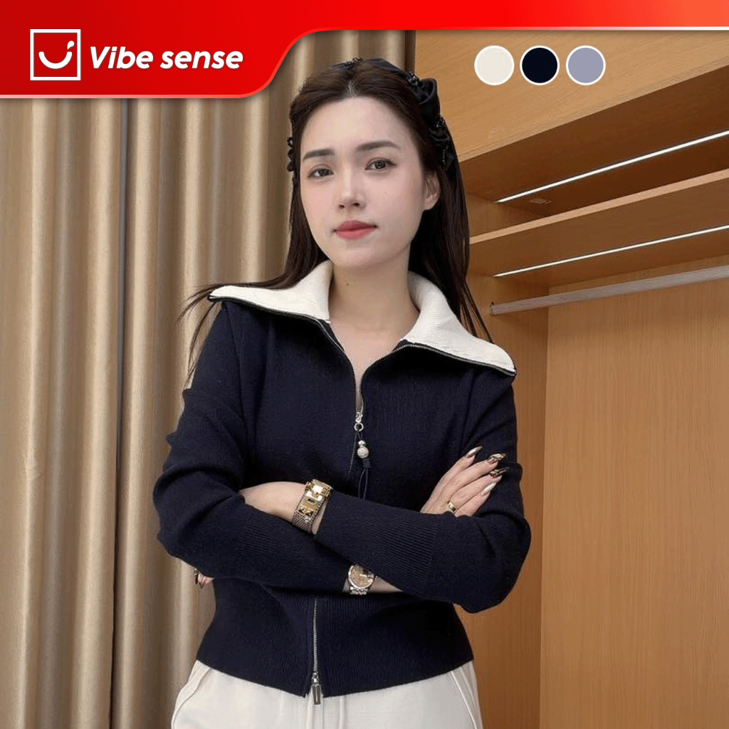 VIBE SENSE เสื้อกันหนาวมีซิปคอเต่า คาร์ดิแกนซิปอัพระดับพรีเมียม VBA043