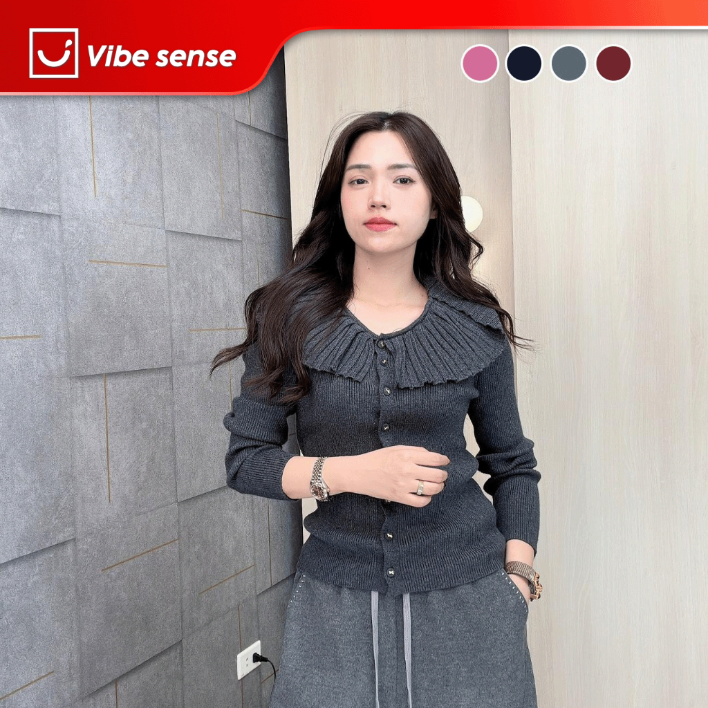 VIBE SENSE เสื้อสเวตเตอร์คอเต่าแขนยาวผู้หญิงคอปกถัก 1 ปุ่มหรูหรา VBA053