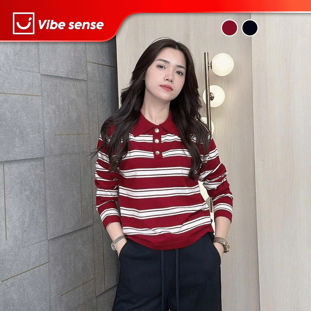 Vibe Sense เสื้อโปโลขนสัตว์ผู้หญิง สเวตเตอร์แขนยาวคอปกแนวนอน VBA065
