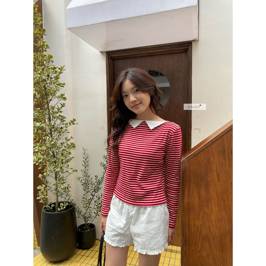 Noelii Top - เสื้อยืดลายทางสีแดงแขนยาวผู้หญิง nhien.official BA528