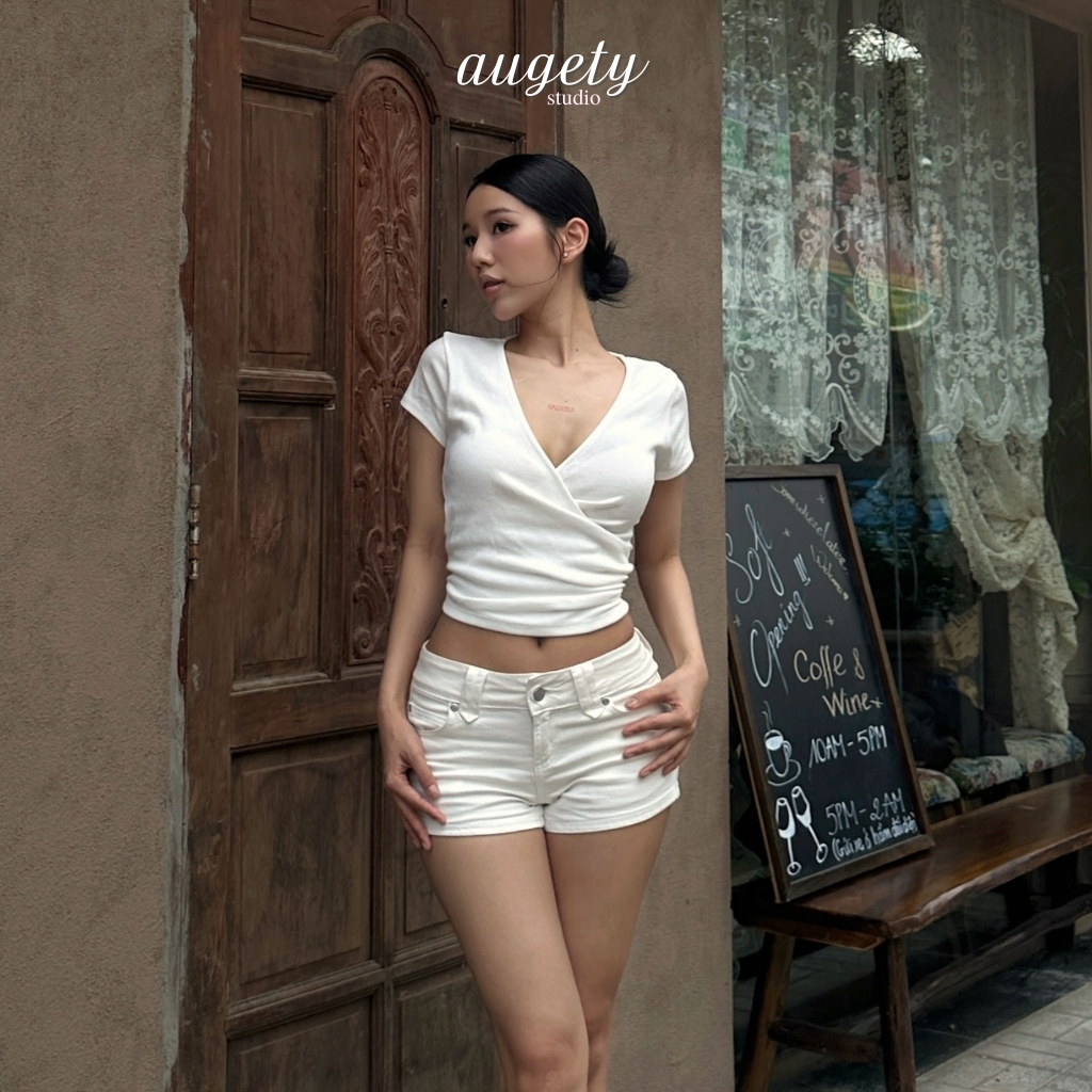 Augety Studio, เสื้อยืดคอเต่าผู้หญิง VEE TOP พร้อมพนังไขว้และเอวเร้าใจ
