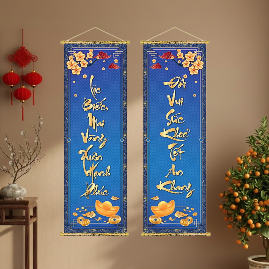 Lien Painting (30x90CM) คู่รักตกแต่ง - "Loc Bic Mai Yellow Spring Happiness, Happy Life, Health, Pea