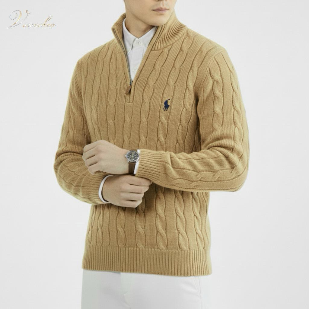 Cable-Knit Cotton Quarter-Zip Sweater คุณภาพสูง Horse เย็บปักถักร้อยคุณภาพสูงถัก Mocha Brown & Navy 