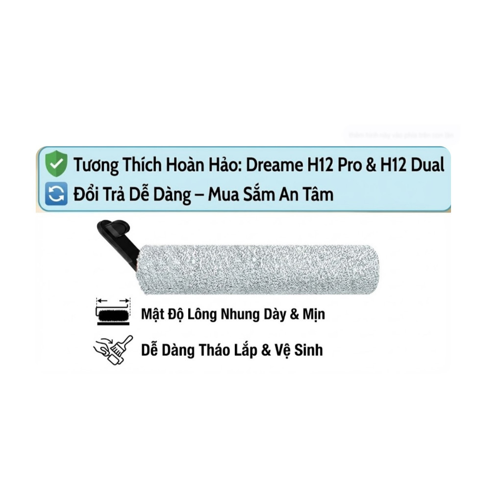 Dreame H12 Pro & H12 Dual Roller / แปรงหลัก - รุ่นไร้ขอบ ขนแปรงกํามะหยี่หนาและเรียบ ทําความสะอาดไม่ม