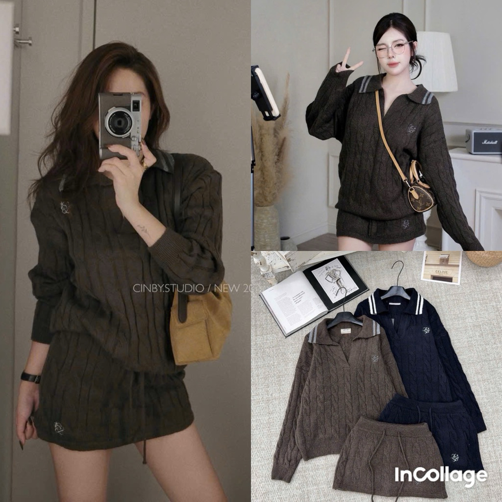 [QC Products Type 1] (QCC) Set เสื้อกันหนาวเชือกคอปกเปิดลงปักผสมกระโปรงสั้น สินค้า QC คุณภาพสูง 2025