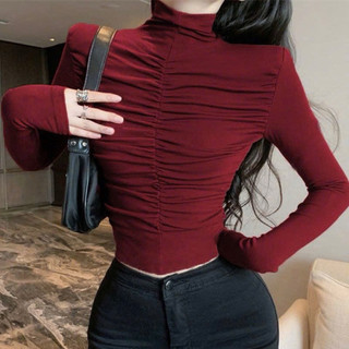 [ PREMIUM ] Women's 3-inch High Collar T-shirt with Ruffled Pleated Design Long Sleeves Autumn and Winter High Quality 4-Way Stretch Elastic.
