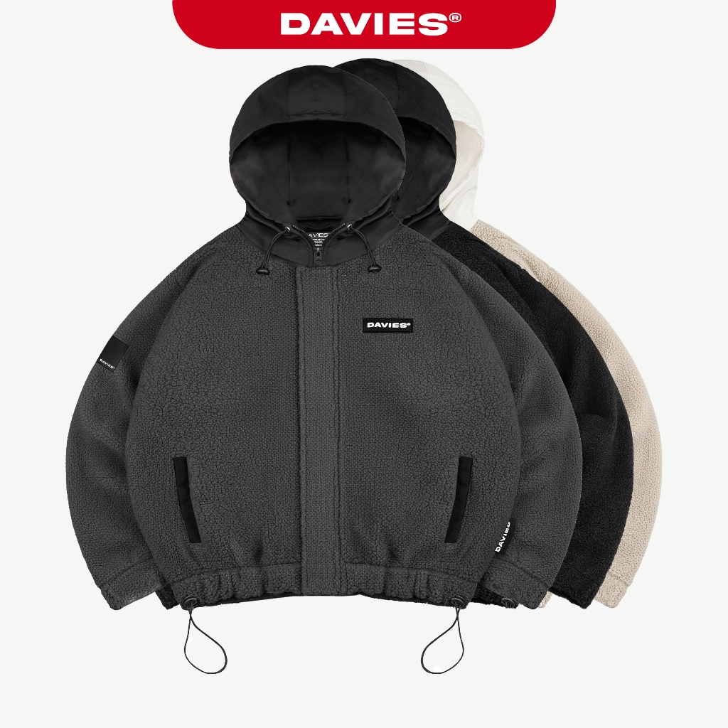 DAVIES เสื้อแจ็คเก็ตผ้าฟลีซสําหรับผู้หญิงและผู้ชาย มีฮู้ด แบรนด์ท้องถิ่น สีดํา สีเบจ ทรงหลวม เสื้อแจ