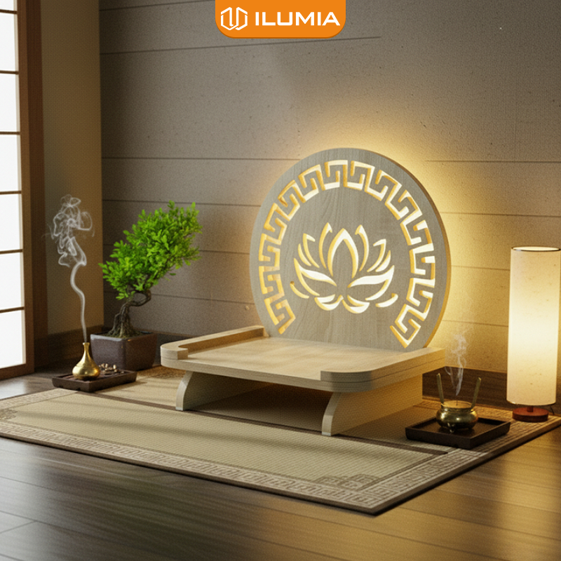 แท่นบูชาไม้สลักชื่อโมติฟดอกบัวโมเดิร์น ไฟ led แสนสบาย ยี่ห้อ ILUMIA - GP421