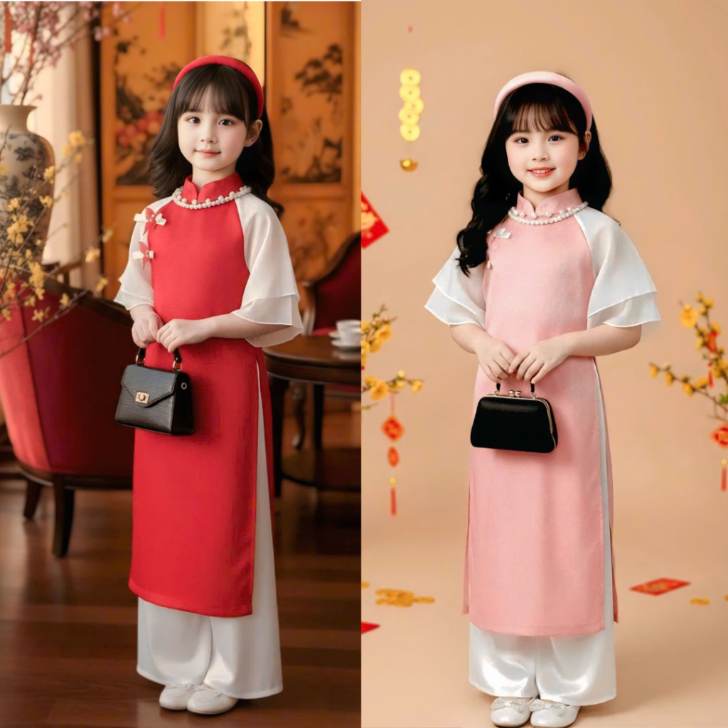 [A2 Tet Ao Dai] Ao dai สําหรับเด็กผู้หญิงตั้งแต่ 9กก. ถึง 42กก. ทําจากผ้าเครปผสมผ้าไหมชีฟองนุ่มเท่ [