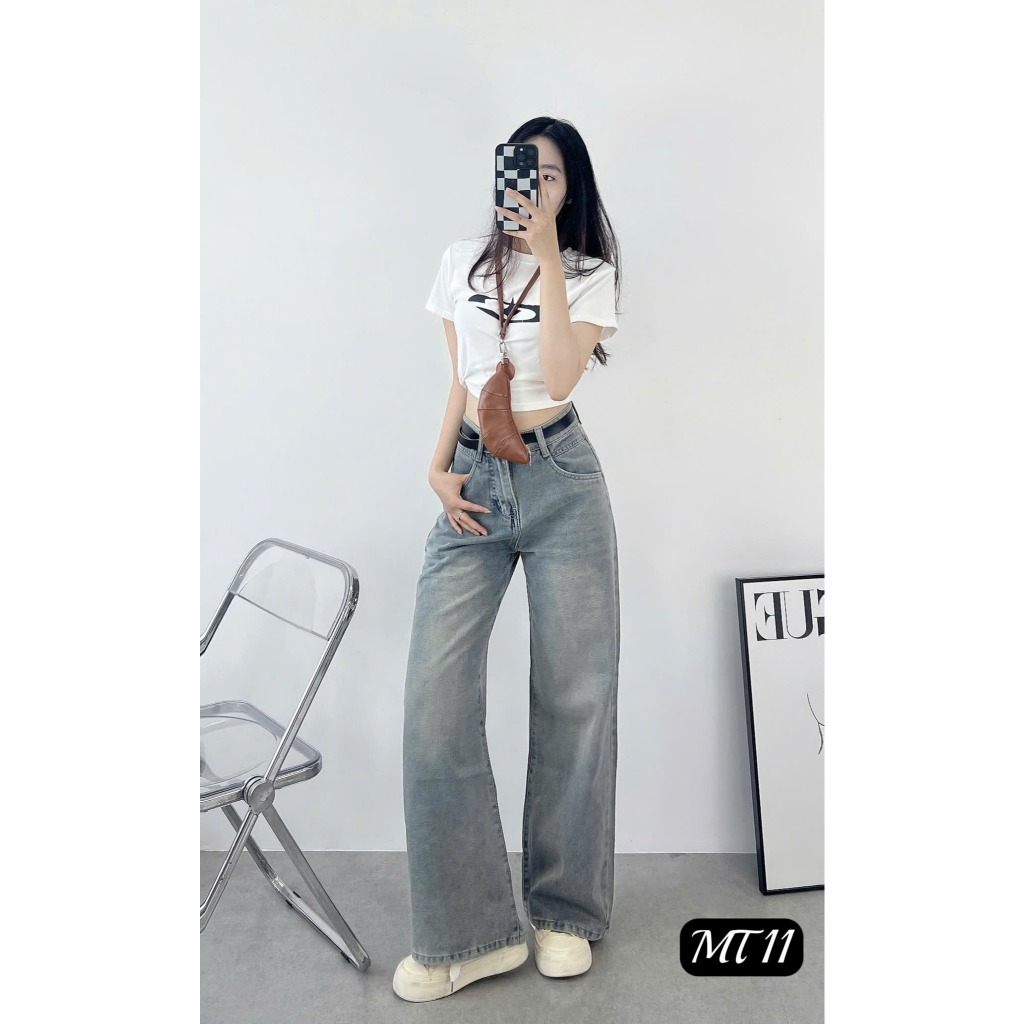 Dust Blue Washed Straight-Leg Jeans with HighWaist, Easy to Coordinate