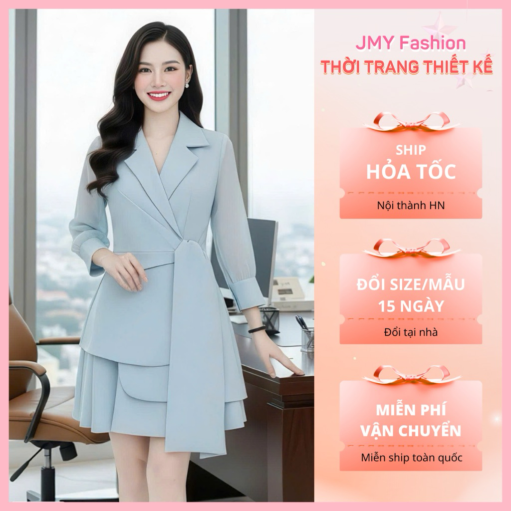 DS6756 ชุดเดรสคอปกเสื้อกั๊ก peplum สีฟ้าหรูหราทันสมัย [DVC ของแท้]